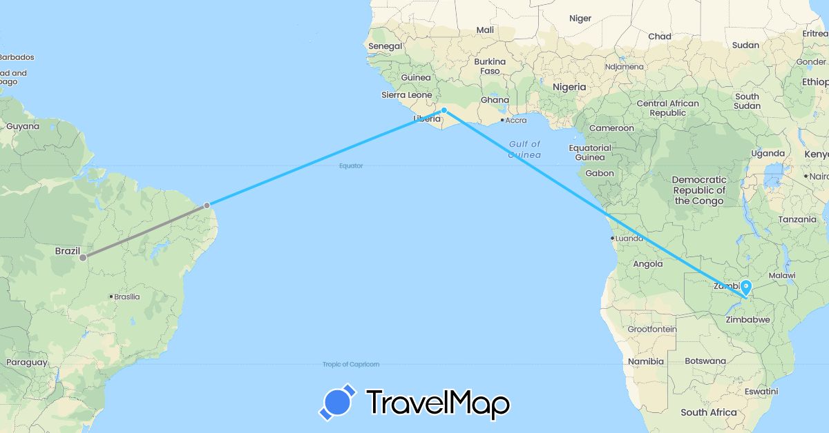 TravelMap itinerary: driving, plane, boat in Brazil, Côte d'Ivoire, Zimbabwe (Africa, South America)